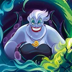 an animated character is smiling and surrounded by green algae, with blue water around it