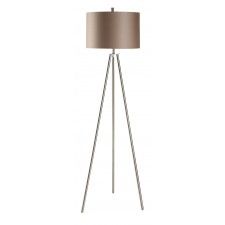 a floor lamp with a grey shade on it