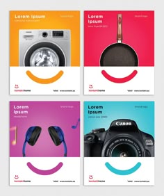 four different webpages with smiley faces and headphones on the front, one for photography