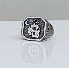 Unique Memento Mori Ring, Skull Ring, Personalized Engraved Ring, 925 Silver Skull Ring, Memento Mori Jewelry, Skull Signet Ring-Unisex Ring---------------------------------------------------------------------------------------------------------------------------------------------------------------------------------------------------------                                                  ★Jewelry Information:- ★ Settings ☆ Metal - 925 Sterling Silver  ☆ Band Color - Sliver ☆Finish :- Oxidized ☆Clarity : Eye Clean * Personalization : Possible ★Ring Size - 5US to 15US Available  ( Contact me if you're expecting to buy another ring size ) ★Occasion : Party , Anniversary , Wedding, Engagement Ring, Birthday gift, Father Day Gift, Christmas Gift                                      * Visit our Mori Jewelry, Memento Mori Jewelry, Memento Mori Ring, Silver Skull Ring, Engraved Ring, Unisex Ring, Skull Ring, Memento Mori, Sterling Silver Bands