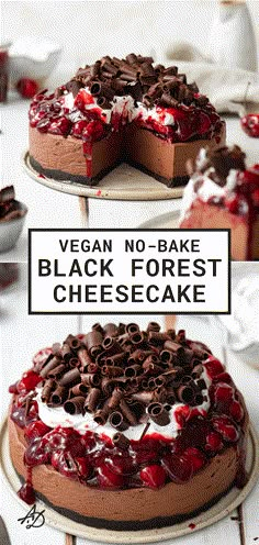 vegan no - bake black forest cheesecake with chocolate chips and cherries