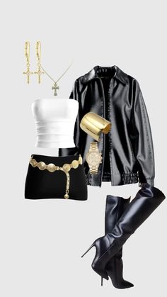 Black And Gold Elegant Outfit, Black And Gold Streetwear, Gold Outfits For Women Party, Rnb Night Outfit, Leather New Years Eve Outfit, Maluma Concert Outfit Ideas, Gold And Black Outfits Women, Drake Concert Outfits, Black White And Gold Outfit