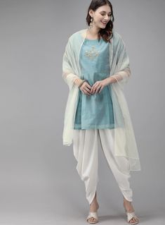 -SKY BLUE YOKE DESIGN KURTA WITH WHITE DHOTI PANTS & WHITE DUPATTA -BLUE STRAIGHT ABOVE KNEE KURTA, HAS AROUND NECK, SHORT SLEEVES, STRAIGHT HEM. -THE MODEL IS WEARING SIZE SMALL -SIZE CHART IN THE PICTURES Kurti With Dhoti Pants, Kurti With Dhoti, Peplum Kurti, Kurta With Dhoti, Mother Of The Bride Looks, Design Kurta, Party Wear For Women, Yoke Design, Blue Kurta