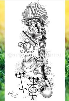 a drawing of a pipe with flowers and other things on the side, in black ink