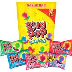 three bags of ring pop party pack with one bag filled with gummy pops and the other