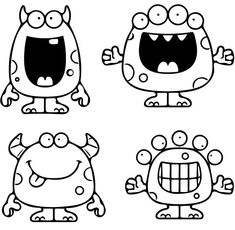 four cartoon monsters with different expressions on their faces and arms, all in black and white