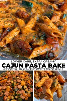 the recipe for this low calorie, lower carb cajun pasta bake is