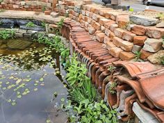 an old brick wall with water and plants growing on it next to a pond filled with lily pads