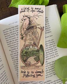 an open book with a wizard's hat on it next to a green plant