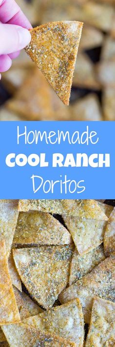 homemade cool ranch tortilla chips with text overlay that reads homemade cool ranch doritos