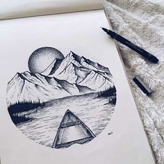 an ink drawing of mountains and a triangle in the middle with a lake below it