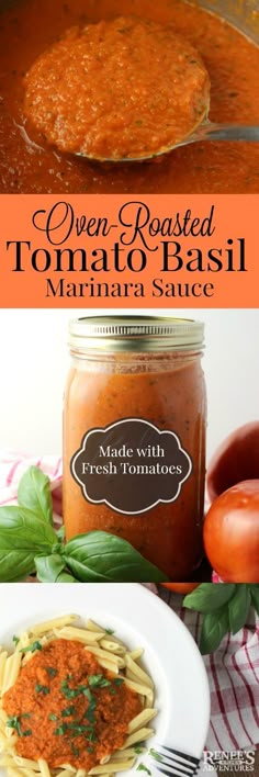 an image of tomato sauce in a jar and pasta on a plate with basil leaves