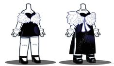 two cartoon characters dressed in black and white outfits, one with wings on her head