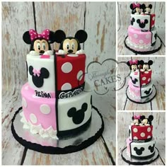 three tiered cake decorated with minnie and mickey mouses