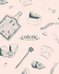 an illustration of cheeses and bread on a pink background with the words cuterie