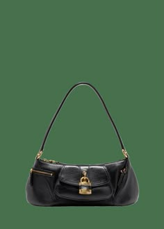 "Find CHLOÉ The 99 Shoulder Bag In Shiny Grained Calfskin on Editorialist. Chloe \"The 99\" shoulder bag in shinygrained calfskin leather Shoulder strap Zip top closure Exterior, two zip pockets and one flap pocket Interior, one slip pocket Lining: Cotton/linen Approx. 5.1\"H x 14.1\"W x 3.9\"D Made in Italy" Chloé Bag, Chloe Shoulder Bag, Sporty Spice, Chloe Bags, Bag Pins, Dark Khaki, Black Shoulder Bag, Chloe Bag, Canvas Shoulder Bag