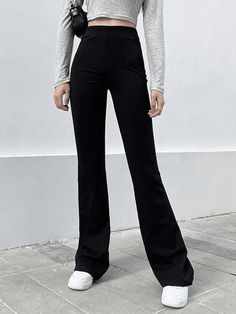 Elastic Waist Wide Leg Flared Pants High Waist Solid Flare Leg Pants - AnotherChill Black Straight Pants Women, Flare Pants Black Outfit, Black Flare Outfit Pants, Flared Black Pants Outfit, Black Flair Pants Outfit, Flair Pants Outfit, Black Yoga Pants Outfit, Flair Pants, Black Flare Pants