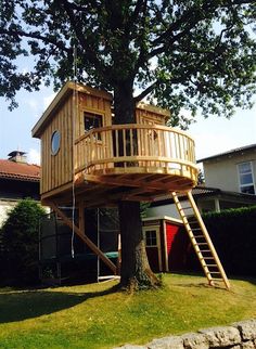 a tree house built into the side of a tree in front of a building with stairs leading up to it