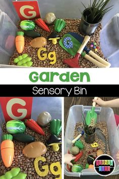 the garden activity bin is filled with toys and letters to help kids learn how to use it