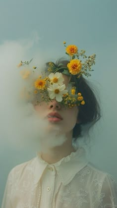 a young woman with a colorful bouquet of flowers on her face, fog and clouds near woman, in the style of laura makabresku, bo bartlett, francesca woodman, subtle chromatism, porcelain, burne-jones, pop inspo, Photorealism, 35mm film , contax g2, powerful and emotive portraiture, animated gifs, poetic intimacy, unconventional forms, gentle lyricism, i can't believe how beautiful this is Portrait Inspo Faces, Woman And Flowers Drawing, Hair Color Photography, Girl With Flowers Aesthetic, Animated Photography, Animation Nature, Gentle Aesthetic, Animated Aesthetic, Flowers Animated