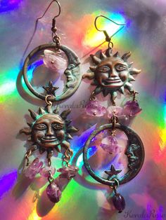 "This pair of Handmade Boho Celestial Earrings is made with sun and moon stampings. Amethyst gemstone beads dangle from the celestial pair. They are versatile and easy to wear! Pierced with french wires (as shown), clip-ons or posts, just select from the pull-down menu. -4 1/2\" Long x 1 3/4\" Wide -0.2-0.3 oz. ea. Metal Finishes Available: -Antiqued Green Verdigris (as pictured) -Antique Bronze (as seen in video) -Antique Silver (4'th image) *Amethyst is a 3'rd eye stone used to enhance the qua Whimsigothic Nursery, Howls Bedroom, Boho Celestial, Witch Candles, Celestial Sun, Celestial Earrings, Whimsical Jewelry, Estilo Hippie, Dope Jewelry