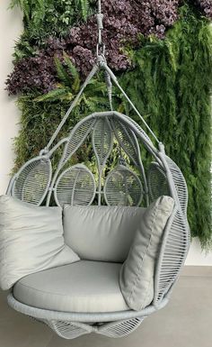 a hanging chair in front of a wall with plants growing on the back and sides