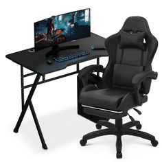 a computer desk with a gaming chair next to it