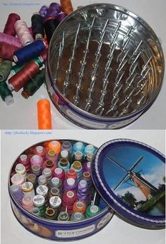 two tins filled with different types of thread