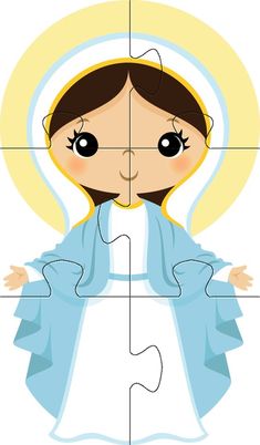 a jigsaw puzzle with a cartoon image of the virgin mary in blue dress