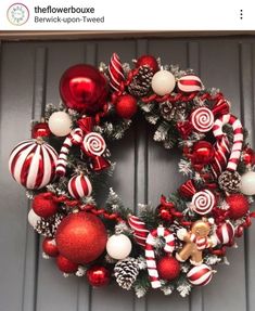 "May the spirit of the season fill your home with joy and peace." Candy Christmas Wreath Ideas, Candy Cane Theme Wreath, Christmas Wreaths Candy, Christmas Decorations Gingerbread Theme, Candy Cane Garland Christmas Decor, Peppermint Theme Christmas Decor, Candycane Diy Christmas Decor, Christmas Decor Candy Theme, Christmas Tree Candy Cane Theme