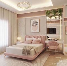 a bedroom with a pink bed and white walls