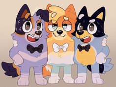 three cartoon cats standing next to each other