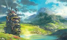 an artistic painting of a castle in the middle of a field