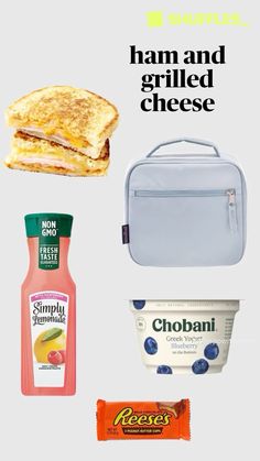 an advertisement for cheese and other foods with the words glubs, ham and grilled cheese