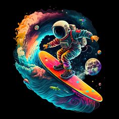 an astronaut on a surfboard in the middle of a wave with planets around him