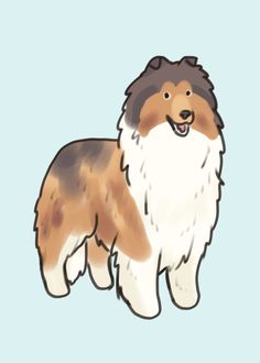 a drawing of a brown and white dog on a blue background