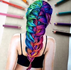 a drawing of a woman's head with colorful braids and pencils in the background