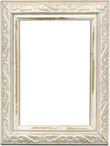 an old white frame with ornate designs on the edges and bottom, isolated against a white background