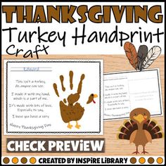 a thanksgiving turkey handprint craft with the words, check review and an image of a turkey