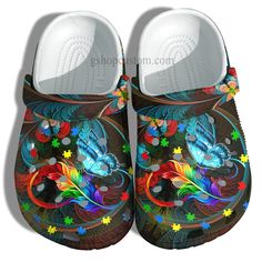 Butterfly Memory Rainbow Feather Crocs Shoes   Butterfly Autism Awareness Puzzel Shoes Croc Clogs Gifts Mother Day   Cr Ne0036 Lightweight construction with breathable mesh fabric provides a comfortable and flawless fit. Drawing On Crocs, Croc Clogs, Shoes Butterfly, Rainbow Feather, Feather Shoes, Crocs Clog, Versatile Shoes, Crocs Clogs, Clog Shoes