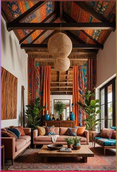 a living room filled with lots of furniture and plants on top of a wooden table