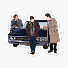 three men standing in front of a car sticker