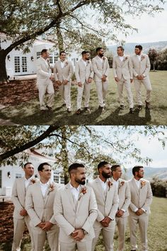 the men are all dressed up and ready to go into their wedding ceremony in white suits