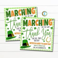 two st patrick's day thank you cards with green hats and shamrocks on them