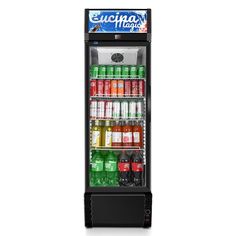 a vending machine with drinks and sodas on the shelves for sale in front of a white background