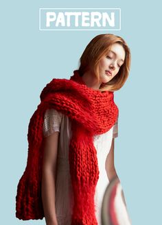 a woman wearing a red knitted scarf with text overlay that reads, knitting pattern