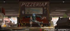 an animated image of a woman sitting on a couch in front of a pizza hut