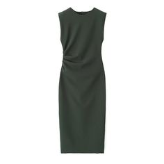 F00217373-102 Office Ruched Midi Length Dresses, Chic Office Dresses With Ruched Detail, Casual Ruched Sheath Midi Dress, Green Stretch Bodycon Dress For Work, Fitted Sleeveless Dress With Ruched Detail For Work, Chic Ruched Midi Dress For Office, Chic Ruched Dress For Work, Spring Office Midi Dress With Ruched Detail, Ruched Sleeveless Dress For Fall