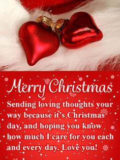 a christmas card with two red hearts on top of white fur and snowflakes