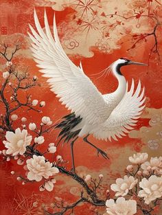 a painting of a white crane on a branch with flowers in front of red background